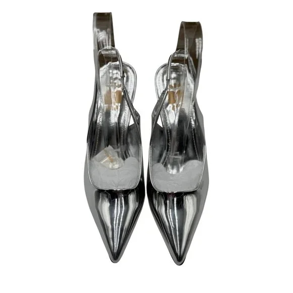NEW Heelchic Womens Size 6 Silver Pointed Toe Slingback Heels Kitten Heel - Picture 4 of 16